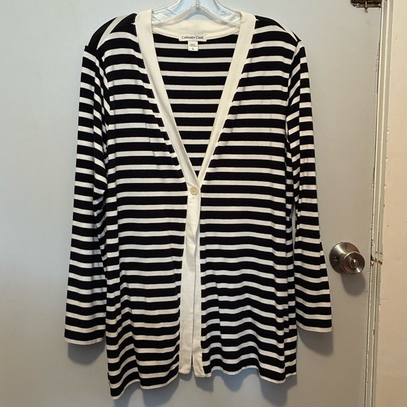 Coldwater Creek Sweaters - COLDWATER CREEK Prima Knit Black & Cream Striped Button Front Cardigan | Large